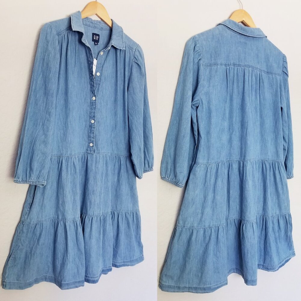 NEW Gap Puff Sleeve Denim Mini Shirtdress M Tall Long Chambray Tiered Boho $80 - Picture 15 of 15